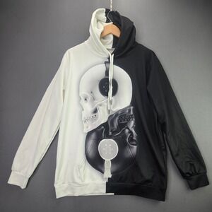 NAIN Hoodie Skull Yin Yang Graphic Split Color L/XL Black and White Headphones